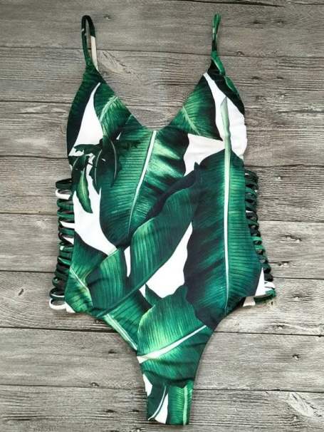 cut out leaves print one piece swimwear